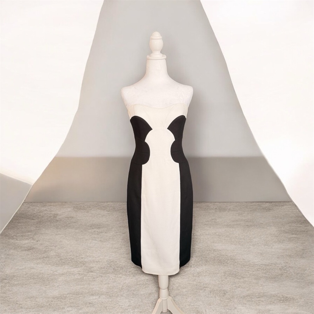 Escada Black and White Strapless Colorblock Sheath Dress